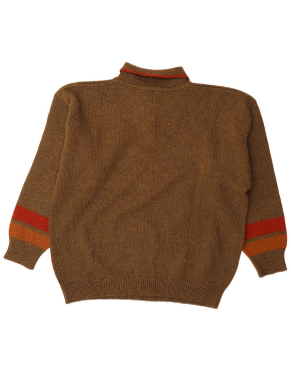 vintage Mens Polo Neck Jumper Pull Grande Brun Colorblock Alpaga Laine