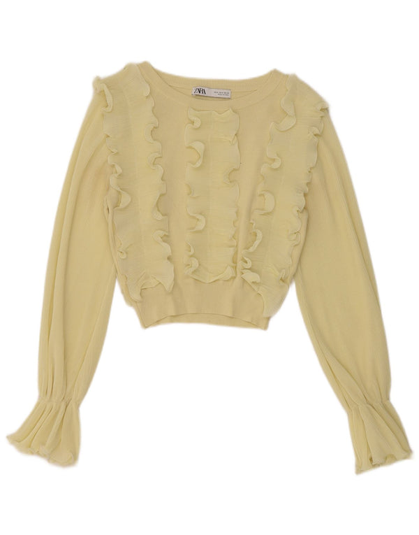 Zara Womens Crop langærmet flæse foran bluse Top UK 8 Small Yellow