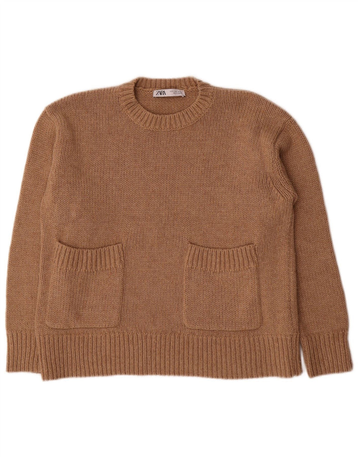 Zara Womens Oversized Crew Neck Jumper Sweater UK 10 Small Brown Polyester