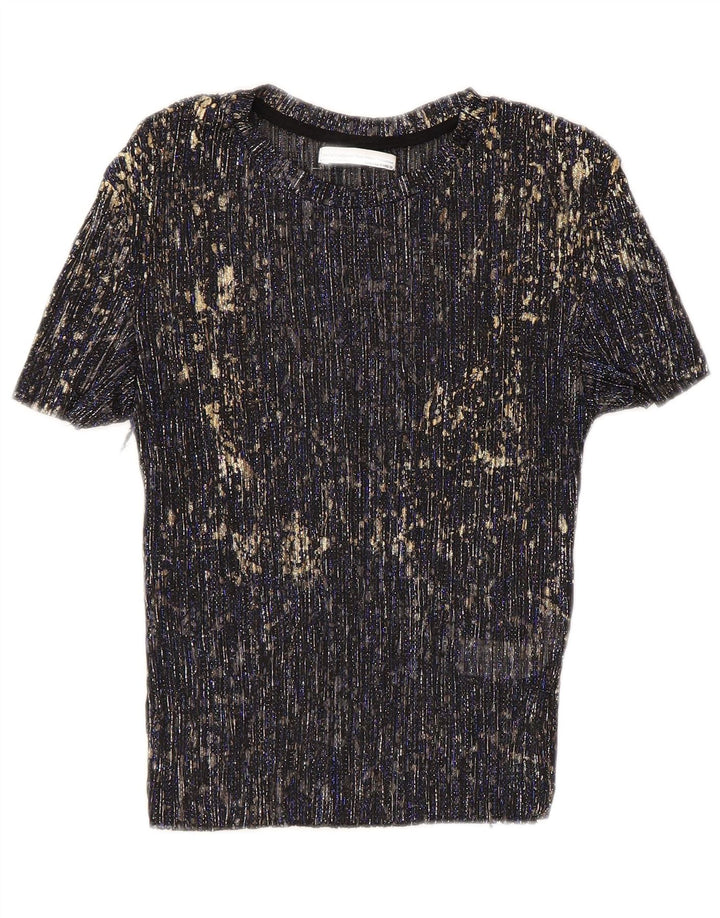 ZARA Womens Crop Blouse Top UK 12 Medium Navy Blue Flecked