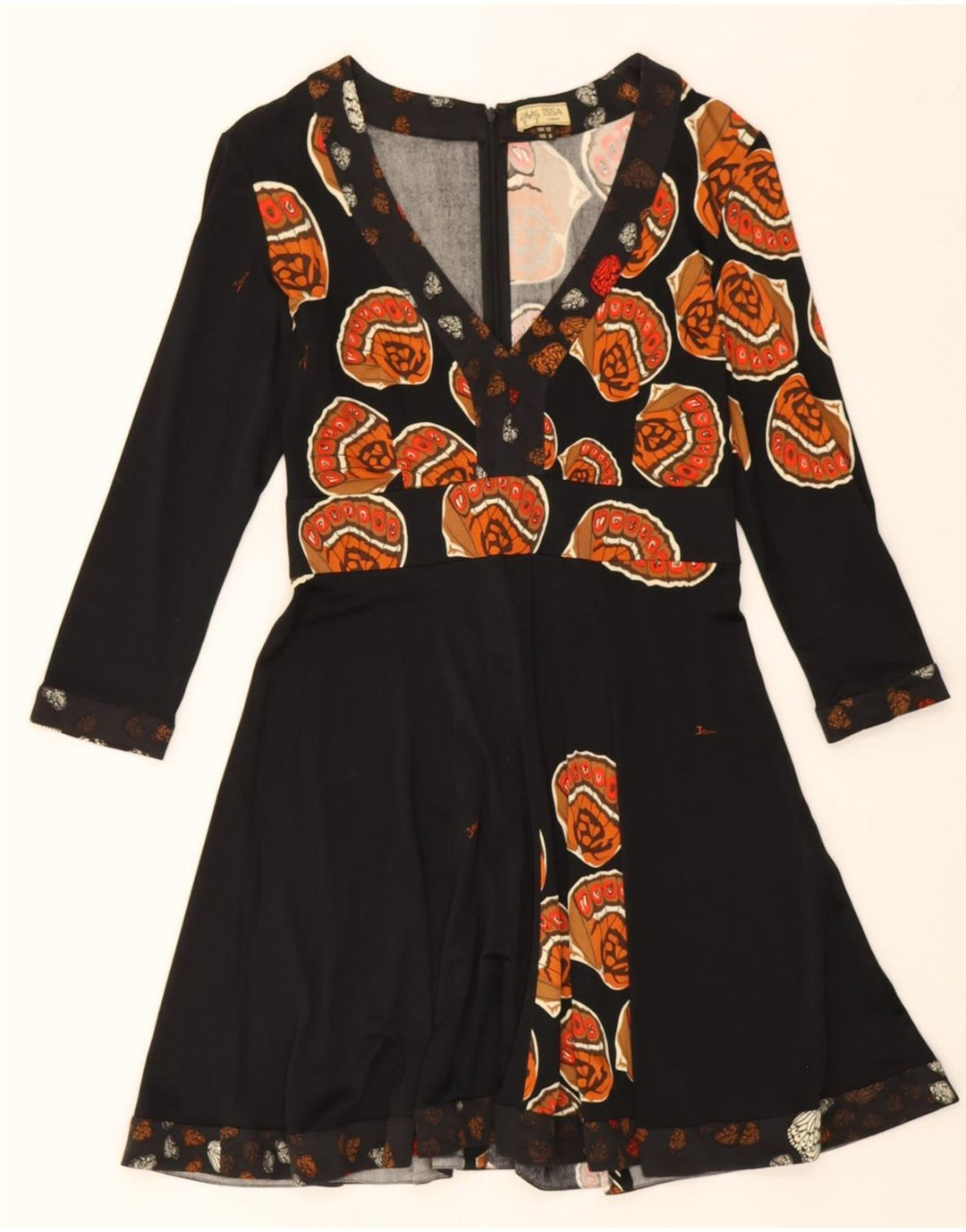 ISSA  Womens Abstract Pattern 3/4 Sleeve A-Line Dress UK 12 Medium Black Vintage Issa and Second-Hand Issa from Messina Hembry 