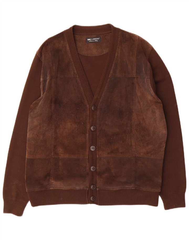 Il Granchio Herren-Strickjacke aus Wildleder, große braune Wolle
