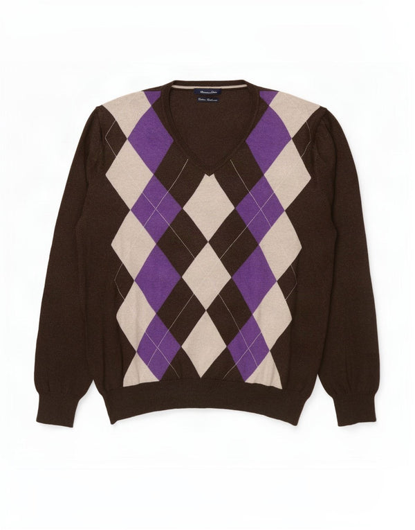 Męski sweter Massimo Dutti z dekoltem w kształcie litery V, XL, brązowy, argyle/diamentowa bawełna