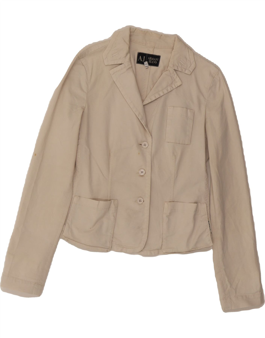 ARMANI JEANS Womens 3 Button Blazer Jacket UK 14 Medium Beige Cotton Vintage Armani Jeans and Second-Hand Armani Jeans from Messina Hembry 