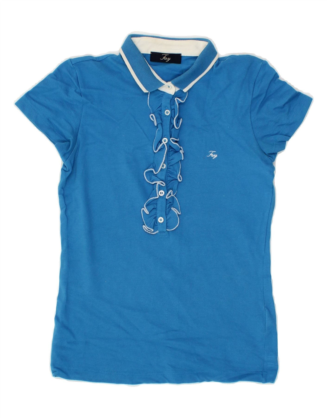 FAY Womens Ruffle Front Polo Shirt UK 8 Small Blue Cotton Vintage Fay and Second-Hand Fay from Messina Hembry 