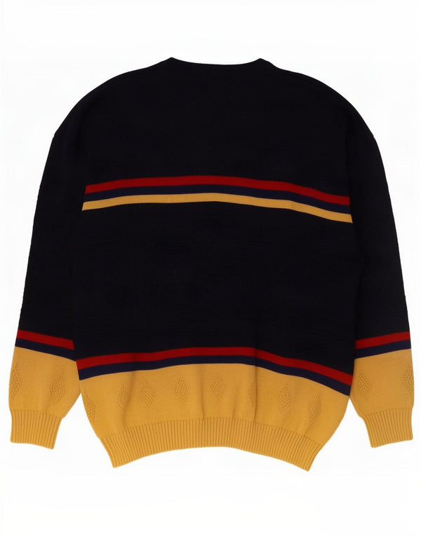 Vintage hombres gráfico cuello redondo jersey suéter XL azul marino colorblock