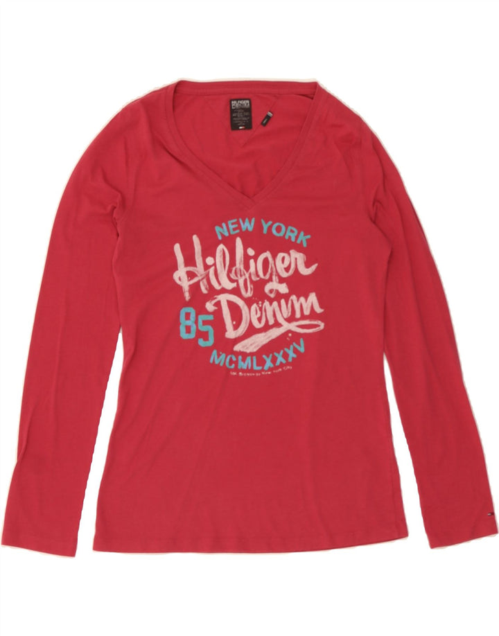 TOMMY HILFIGER Womens Graphic Top Long Sleeve UK 10 Small Pink Polyester Vintage Tommy Hilfiger and Second-Hand Tommy Hilfiger from Messina Hembry 