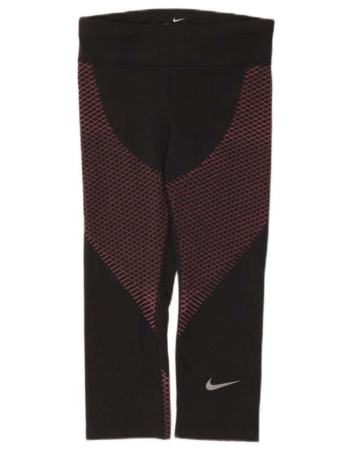 Nike Dame Dri Fit Capri Leggings UK 8 Small Black Geometric Polyester