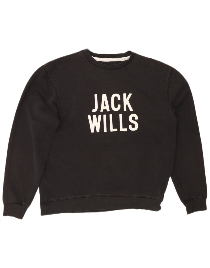 JACK WILLS Mens Graphic Sweatshirt Jumper Medium Black Cotton