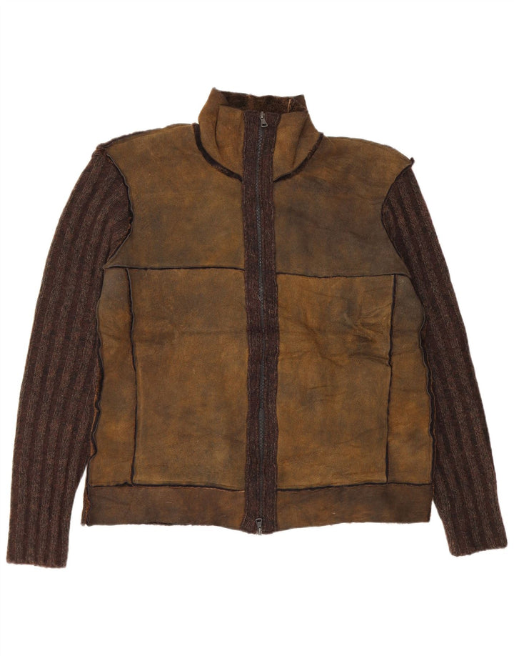 Vintage Mens Cardigan Sweater IT 50 Medium Brown Colourblock Cotton