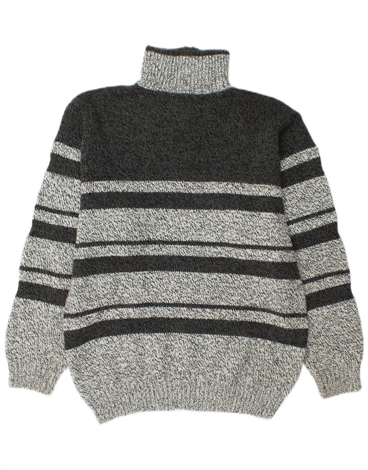 Vintage Mens Zip Neck Jumper Sweater Medium Grey Striped Acrylic