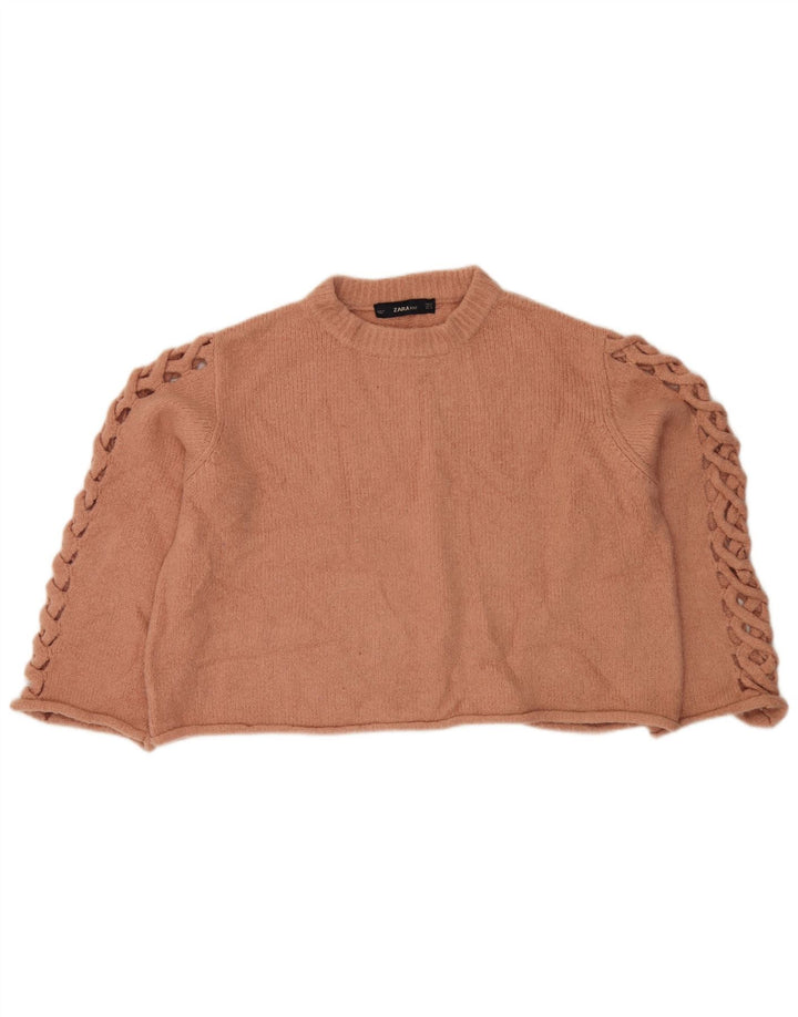 Zara Womens Crop Crew Neck Jumper Sweater UK 12 Medium Orange Polyester