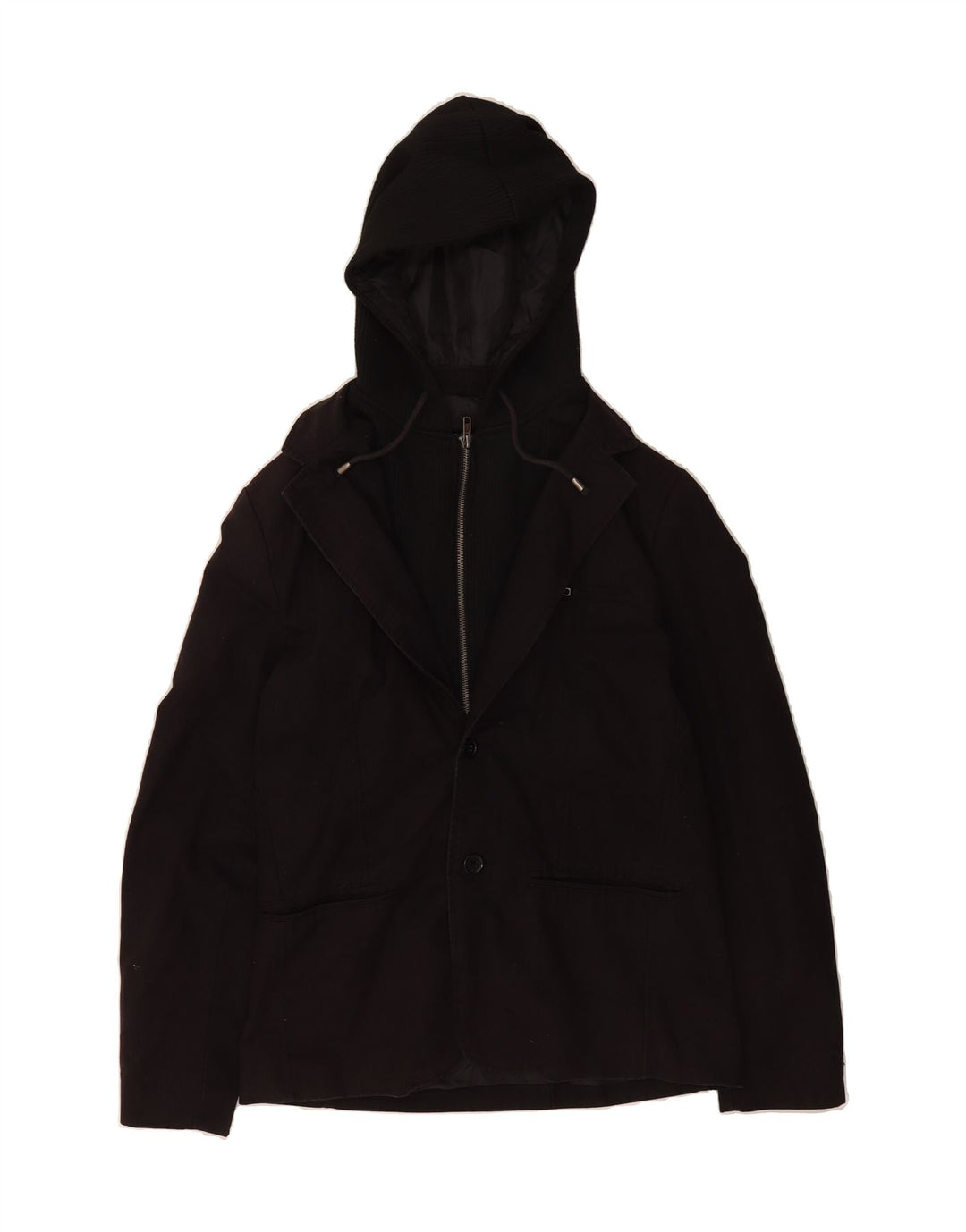 GUESS Mens 2 Button Hooded Blazer Jacket UK 36 Small Black Cotton Vintage Guess and Second-Hand Guess from Messina Hembry 