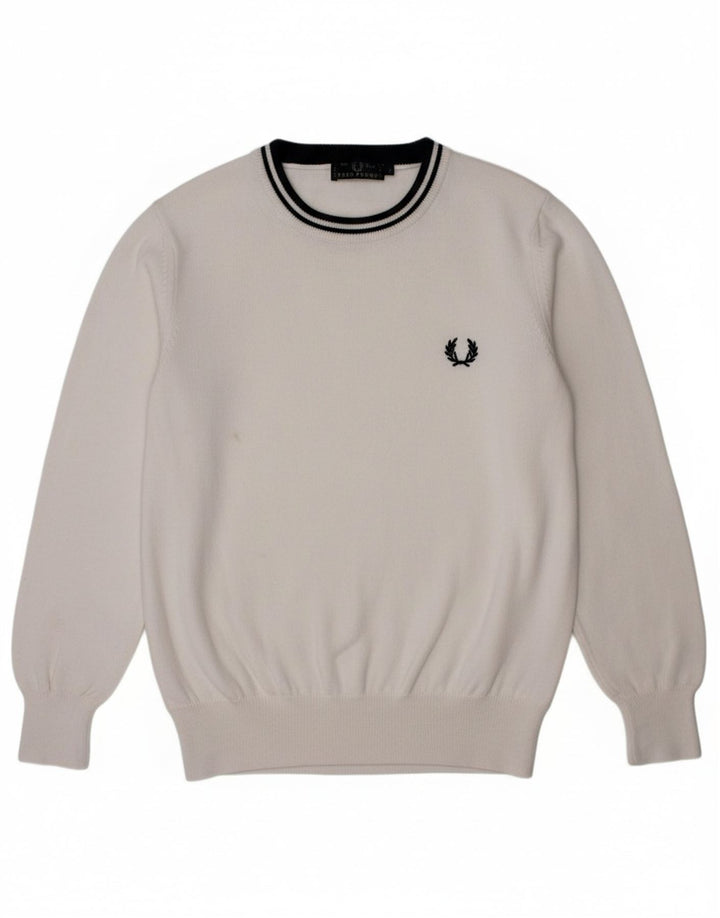 FRED PERRY Boys Crew Neck Jumper Sweater 7-8 Years White Cotton