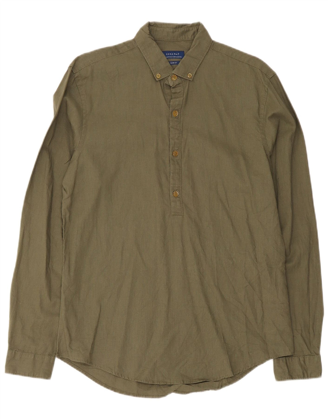 Zara Herre Slim Fit Pullover Shirt Medium Khaki Linen