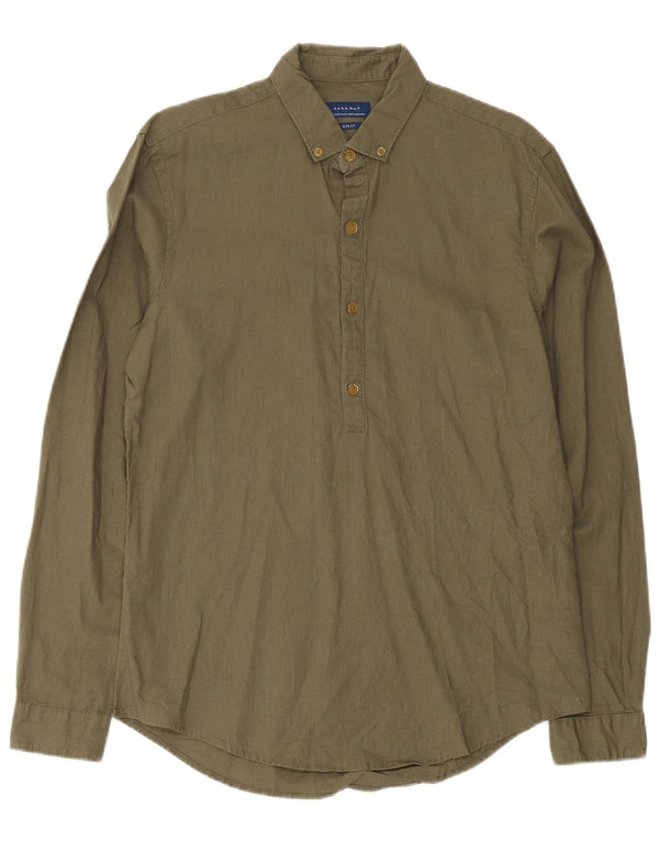 Zara Herre Slim Fit Pullover Shirt Medium Khaki Linen