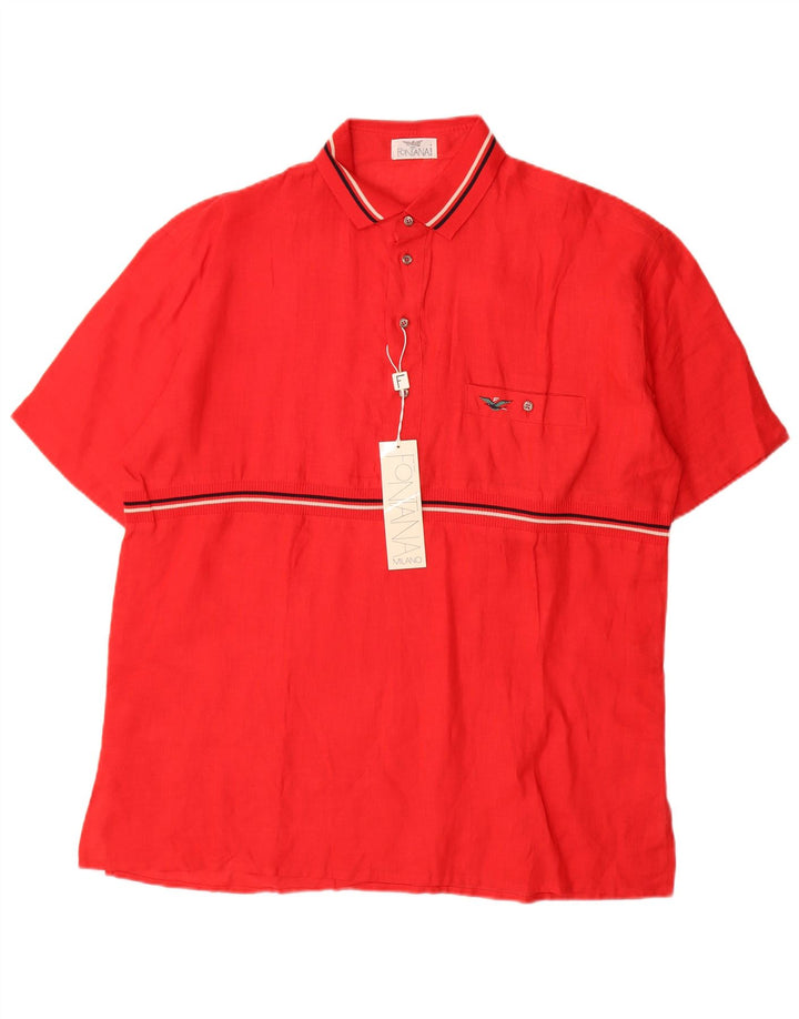 Vintage Mens Short Sleeve Pullover Shirt XL Red Striped Linen