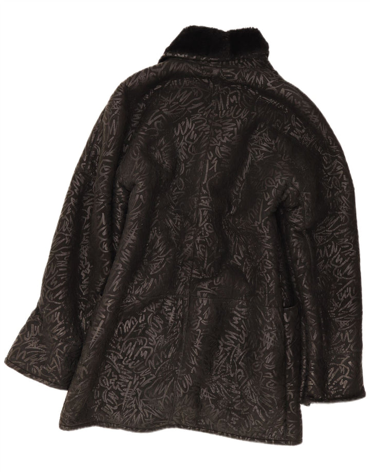 Vintage női absztrakt mintás shearling kabát UK 14 közepes fekete