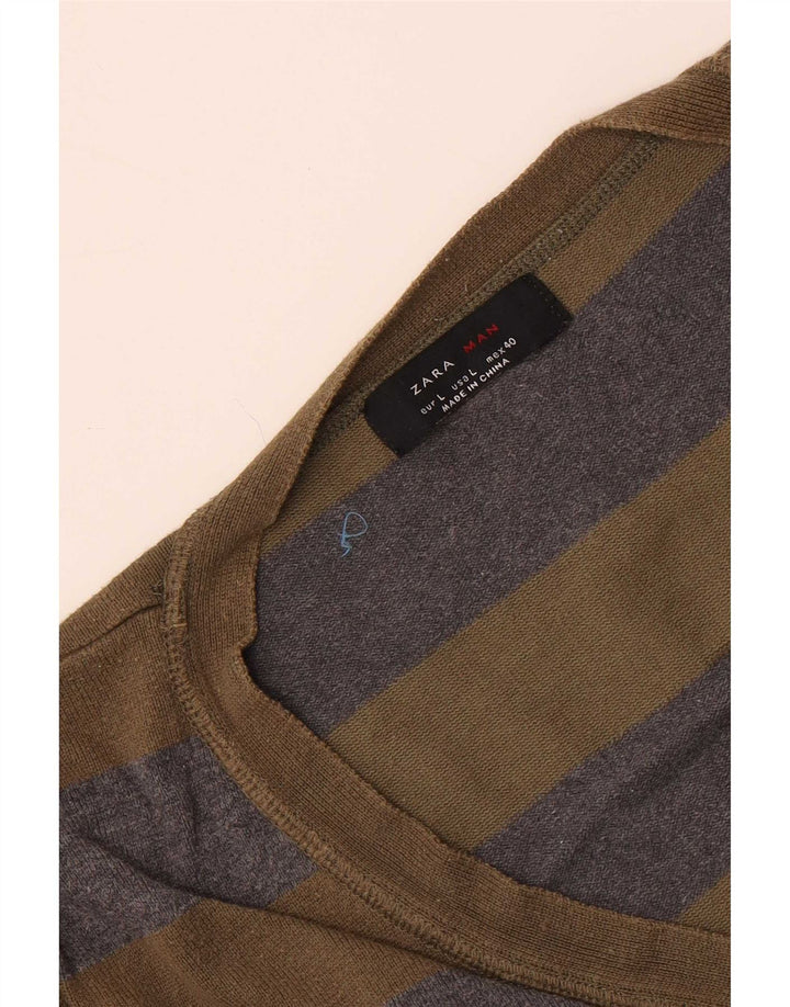 Zara Mens Cardigan Sweater Large Khaki Striped