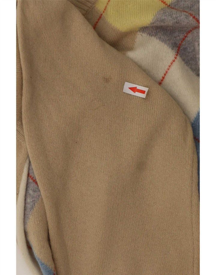 Benetton Mens V-Neck Jumper Sweater Large Beige Argyle/Diamond Wool