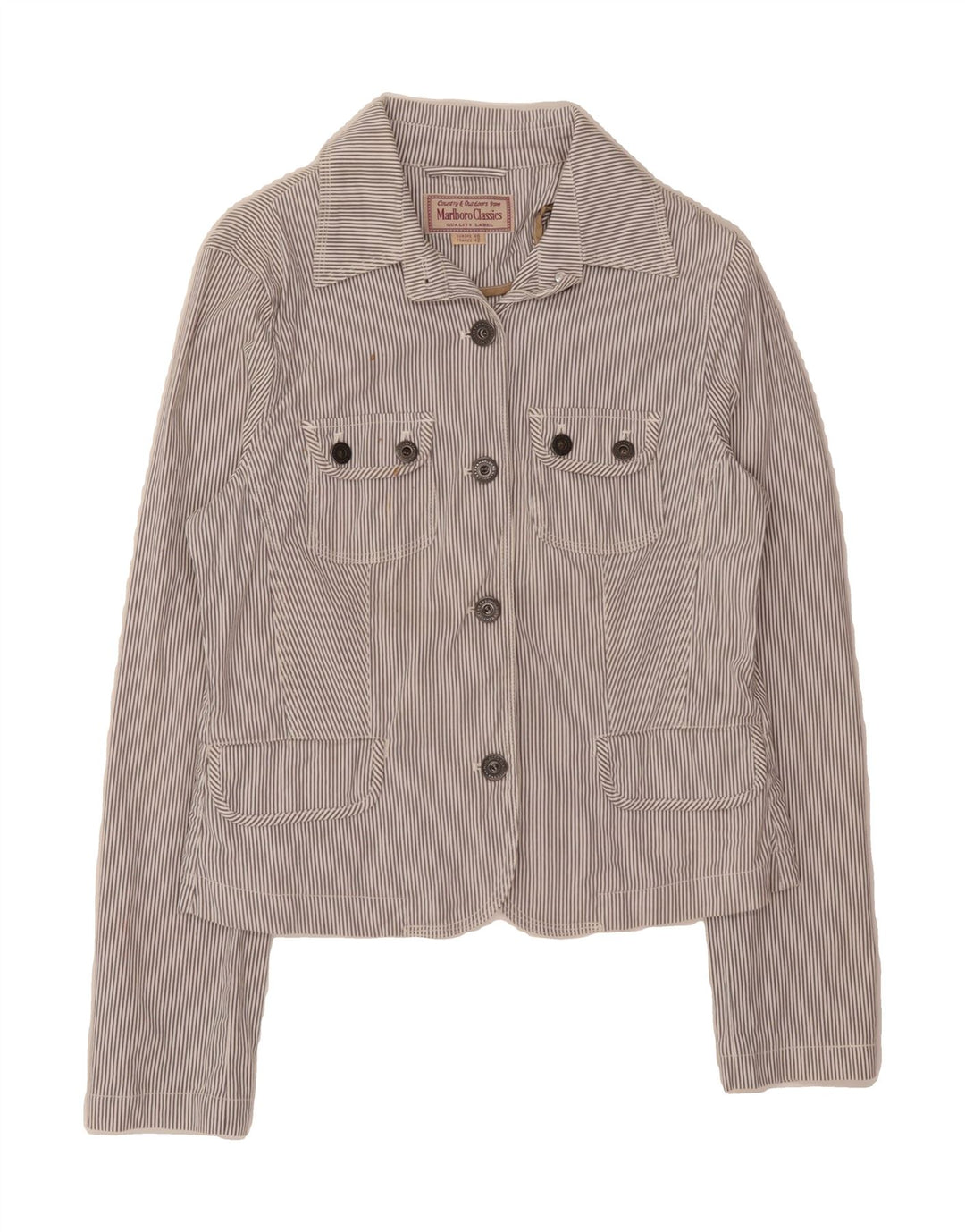 MARLBORO CLASSICS Womens 4 Button Blazer Jacket EU 48 2XL Grey Pinstripe Vintage Marlboro Classics and Second-Hand Marlboro Classics from Messina Hembry 