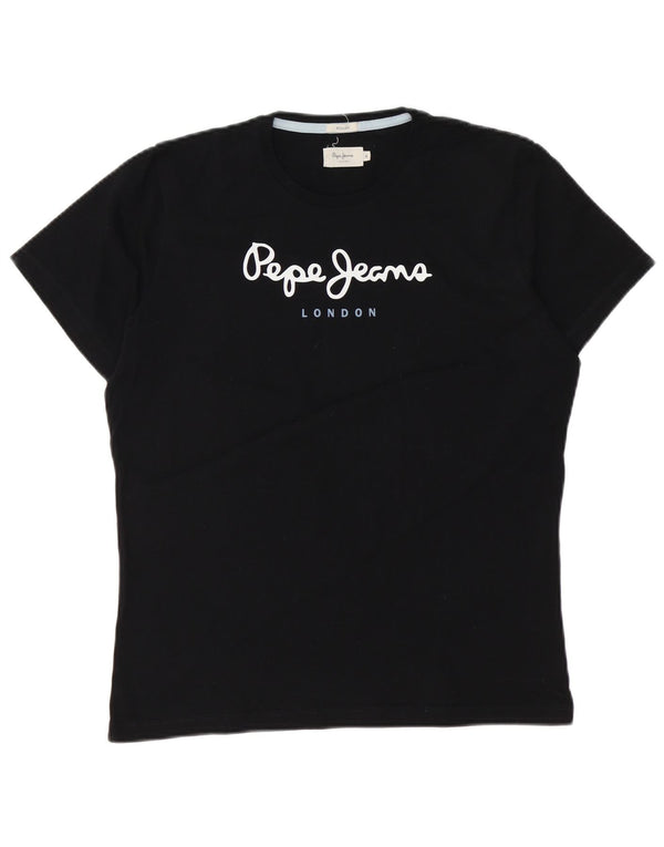 PEPE Jeans Womens Graphic T-Shirt Top UK 14 Medium Black Cotton