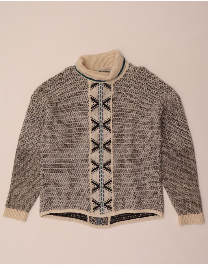 Maglione vintage da uomo con collo alto e maglione grande in lana geometrica grigia