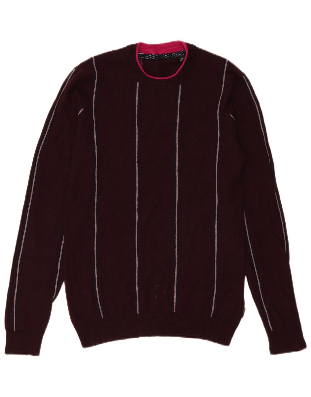 Ted Baker Mens Crew Neck Jumper Sweater Small Burgundy Striped Wool