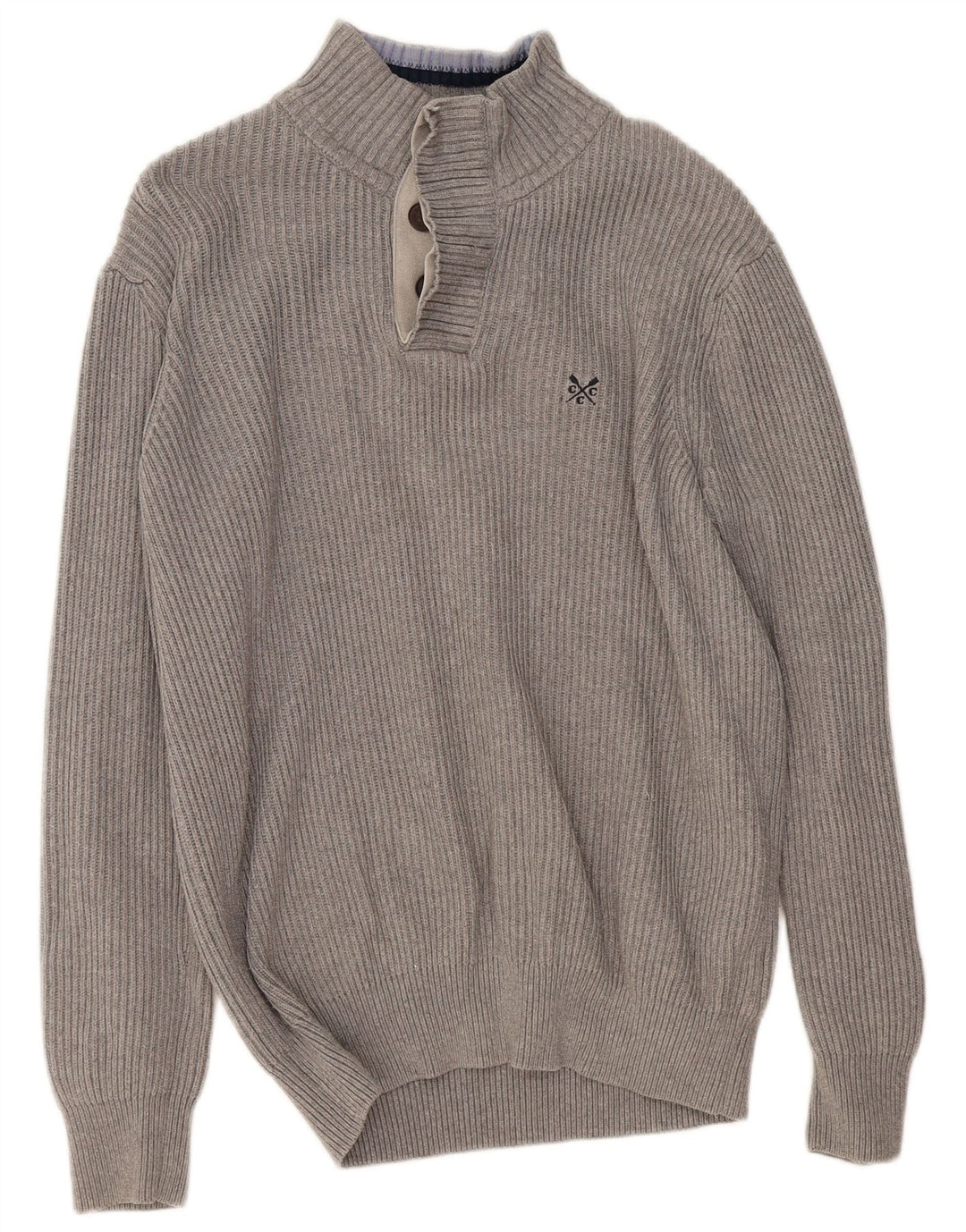 CREW CLOTHING Mens Button Neck Jumper Sweater Large Grey Cotton