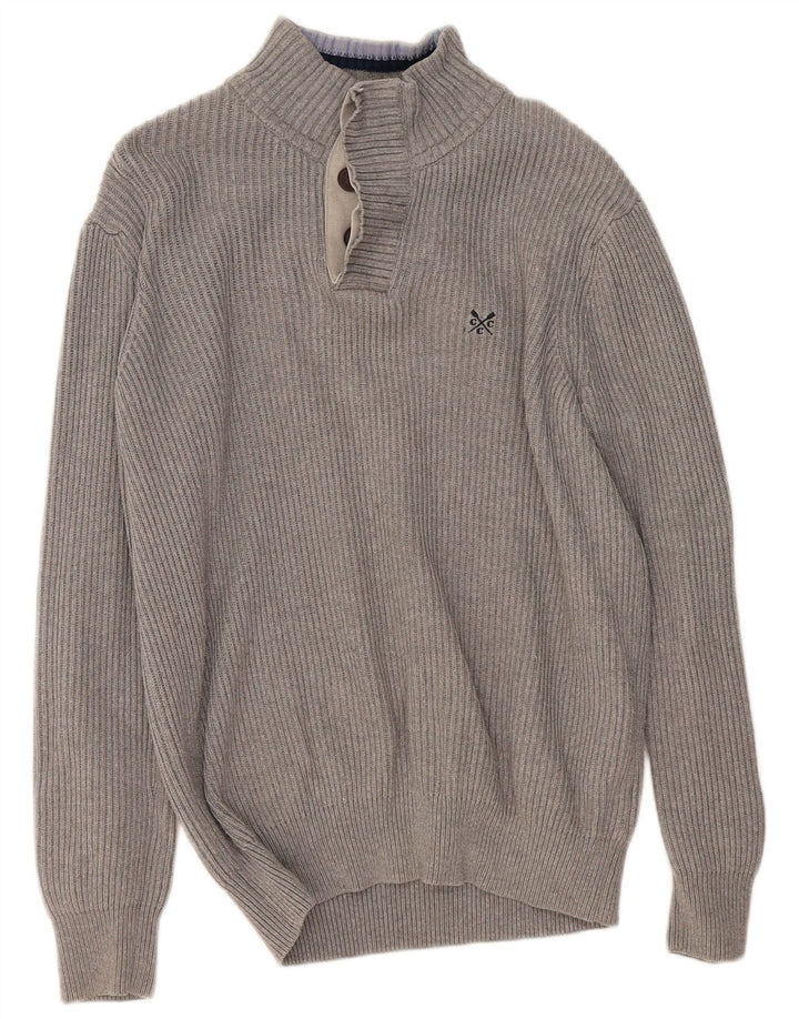 CREW CLOTHING Mens Button Neck Jumper Sweater Large Grey Cotton