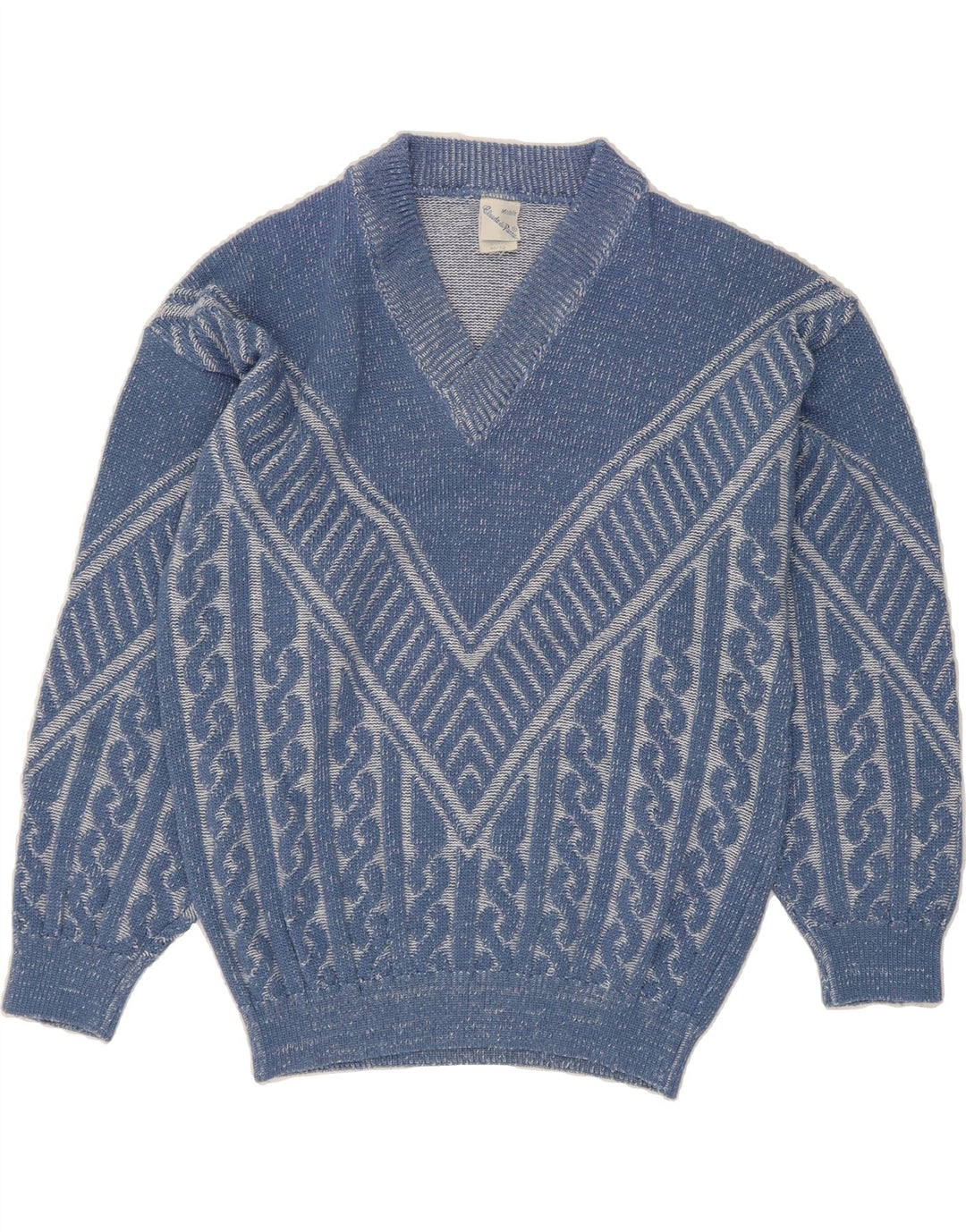 CLAUDE DE PIERRE Mens V-Neck Jumper Sweater IT 50/52 Medium Blue Chevron Vintage Claude De Pierre and Second-Hand Claude De Pierre from Messina Hembry 