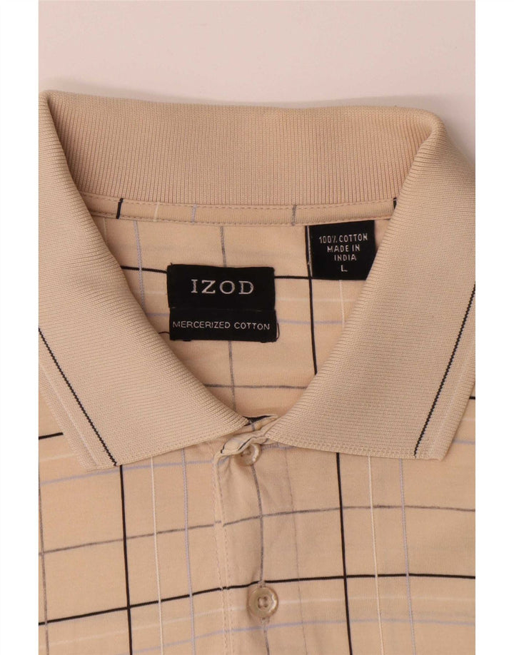 Izod Mens Polo Shirt Large Beige Check Cotton