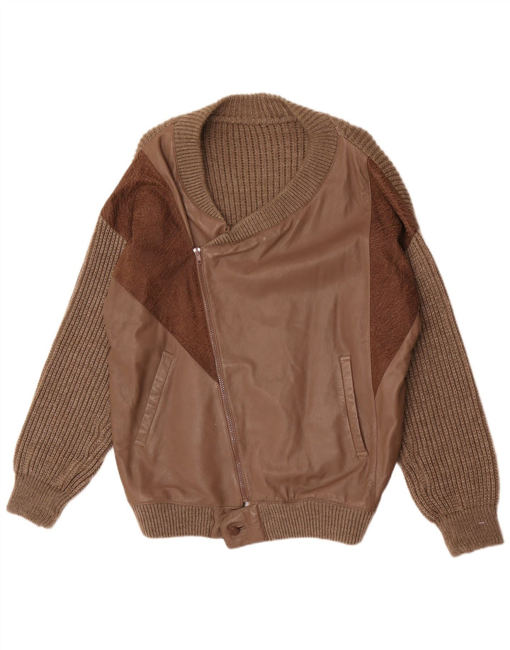 Vintage Mens Leather Cardigan Sweater Large Brown Wool