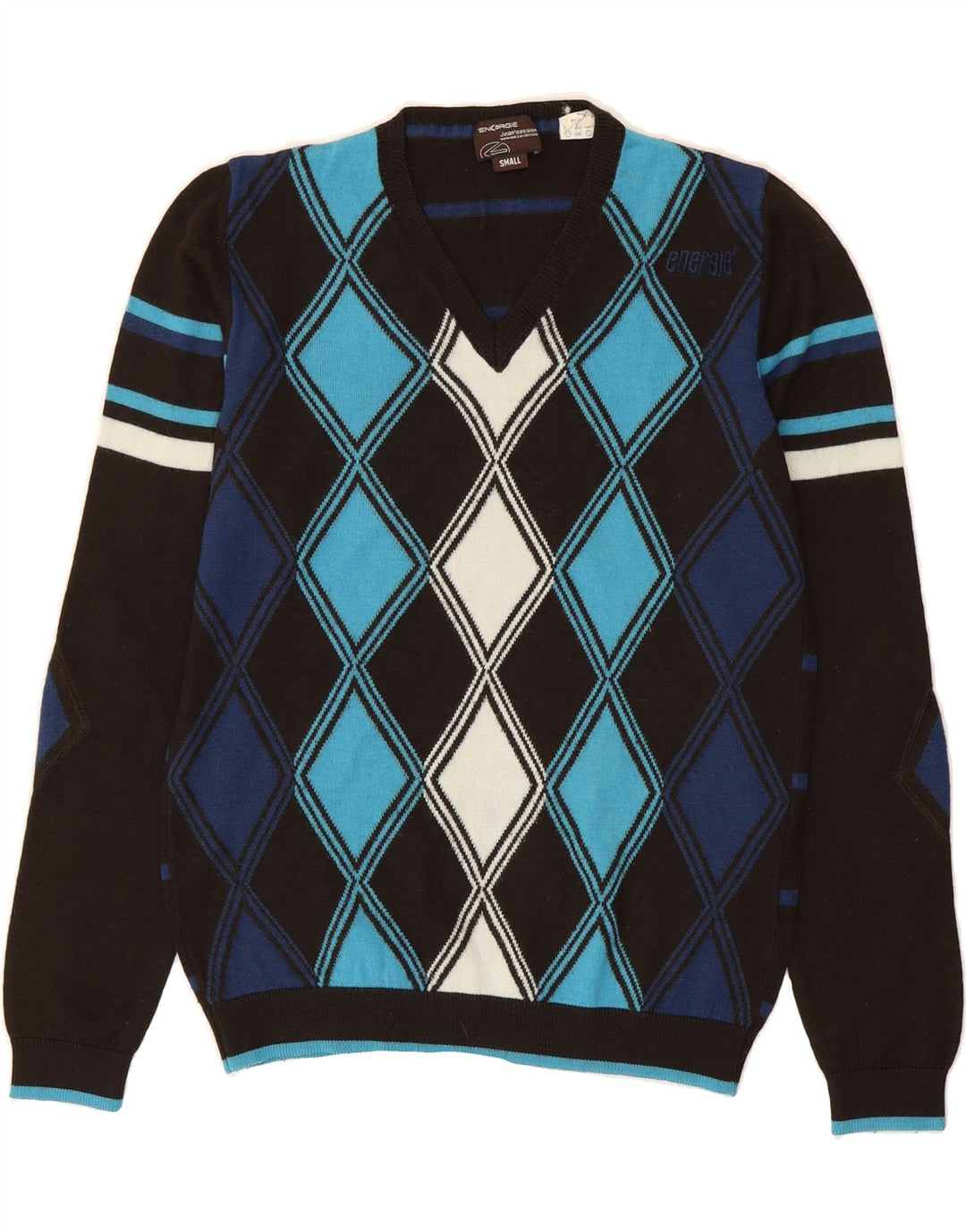 ENERGIE Mens V-Neck Jumper Sweater Small Black Argyle/Diamond Wool Vintage Energie and Second-Hand Energie from Messina Hembry 