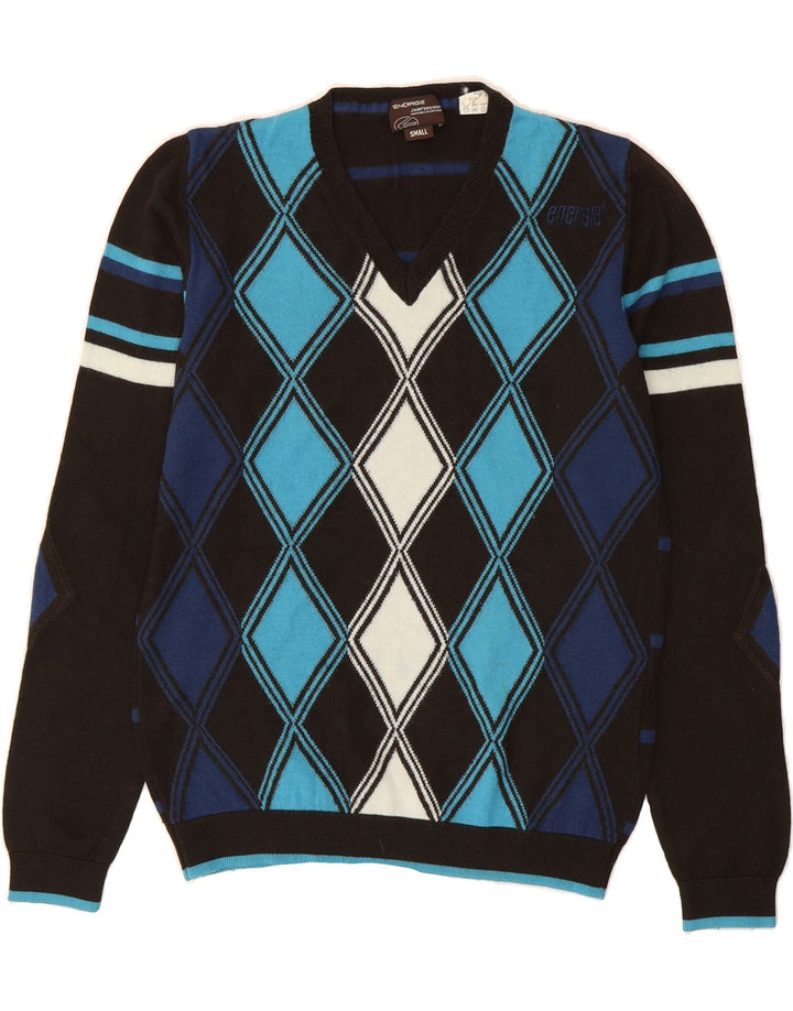 ENERGIE Mens V-Neck Jumper Sweater Small Black Argyle/Diamond Wool Vintage Energie and Second-Hand Energie from Messina Hembry 