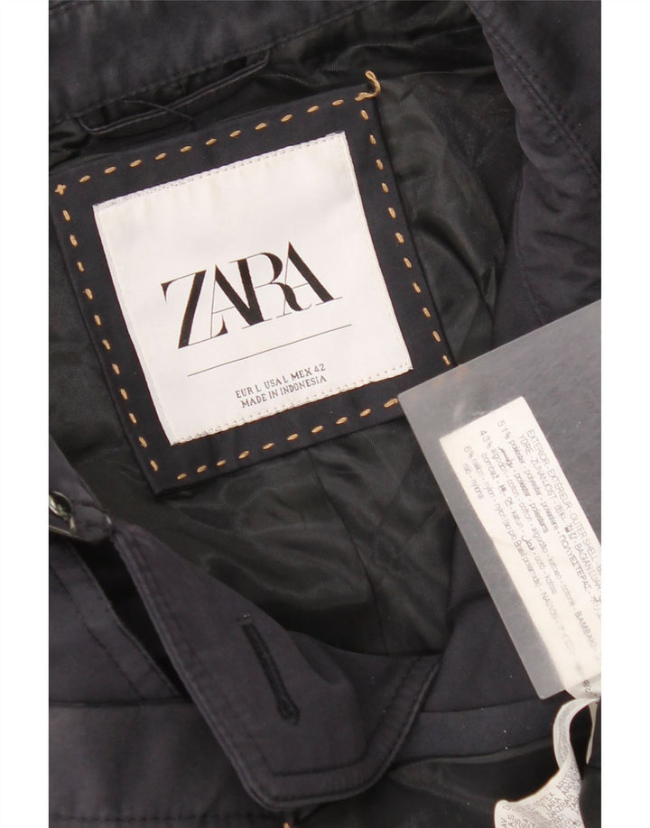 Zara Mens Trench Coat UK 40 Large Navy Blue Polyester