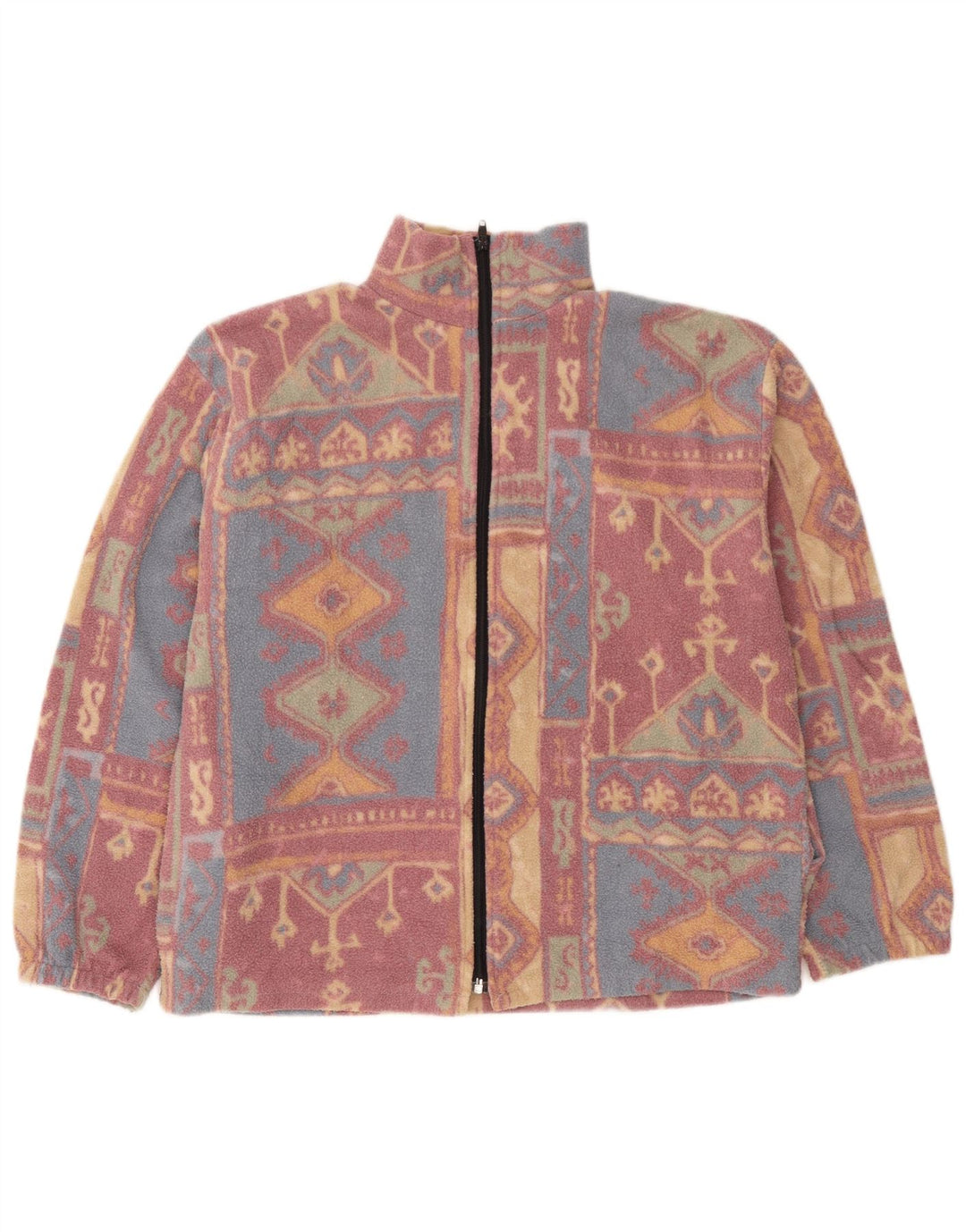 Giacca in pile da donna vintage UK 16 Grande poliestere geometrico multicolore