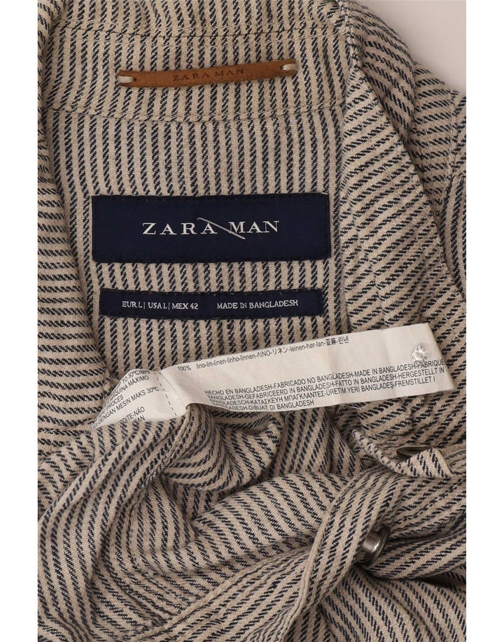Zara Mens Bomber Jacket UK 40 Large Grey Pinstripe Linen
