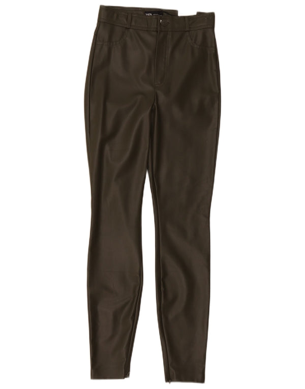 Zara Womens High Waist Skinny Faux Leather Trousers XS W24 L28 Khaki