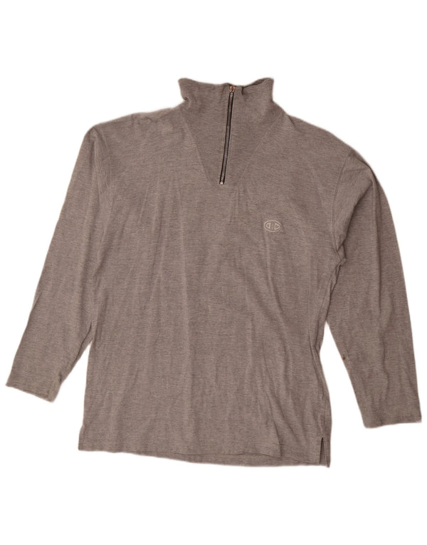Champion Mens Zip Neck Top Long Sleeve Large Grey Cotton