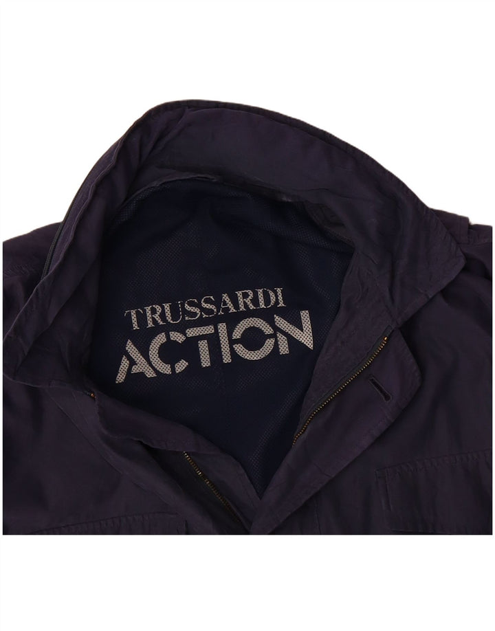TRUSSARDI Mens Hooded Utility Jacket UK 42 XL Navy Blue Polyester