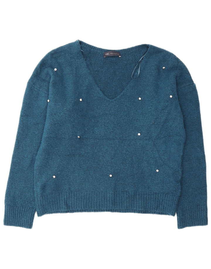 Marks & Spencer Womens Oversized V-Neck Jumper Sweater UK 10 Small Blue