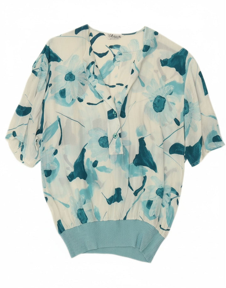 VINTAGE Womens Blouse Top IT 44 Medium Blue Floral Acetate Vintage Vintage and Second-Hand Vintage from Messina Hembry 