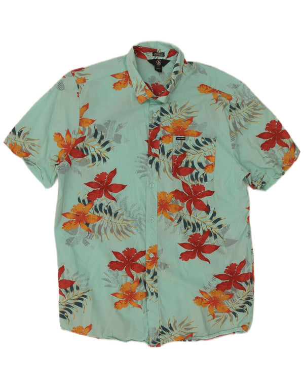 Volcom Mens Short Sleeve Shirt XL Turquoise Floral Cotton Hawaiian
