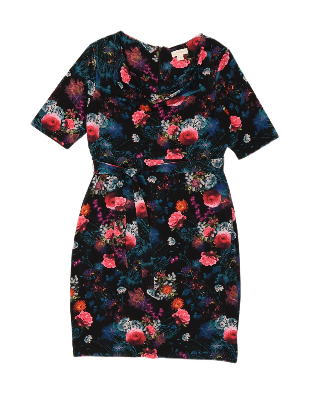 MONSOON Womens Sheath Dress UK 14 Large Black Floral Polyester