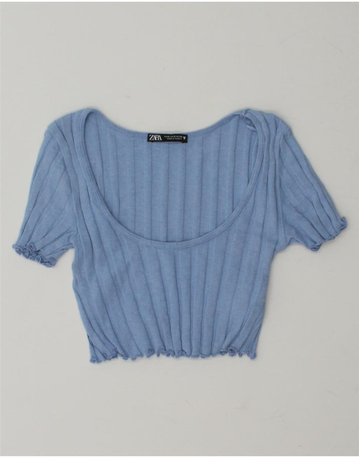 ZARA Womens Crop Top UK 10 Small Blue Cotton Vintage Zara and Second-Hand Zara from Messina Hembry 