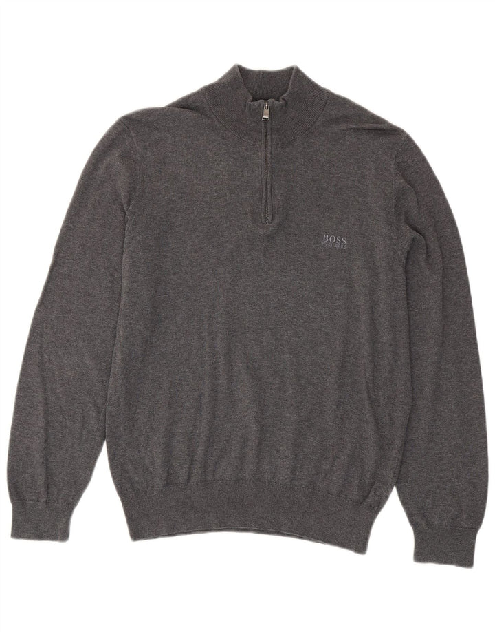 Hugo Boss Mens Zip Neck Jumper Sweater Small Grey Cotton