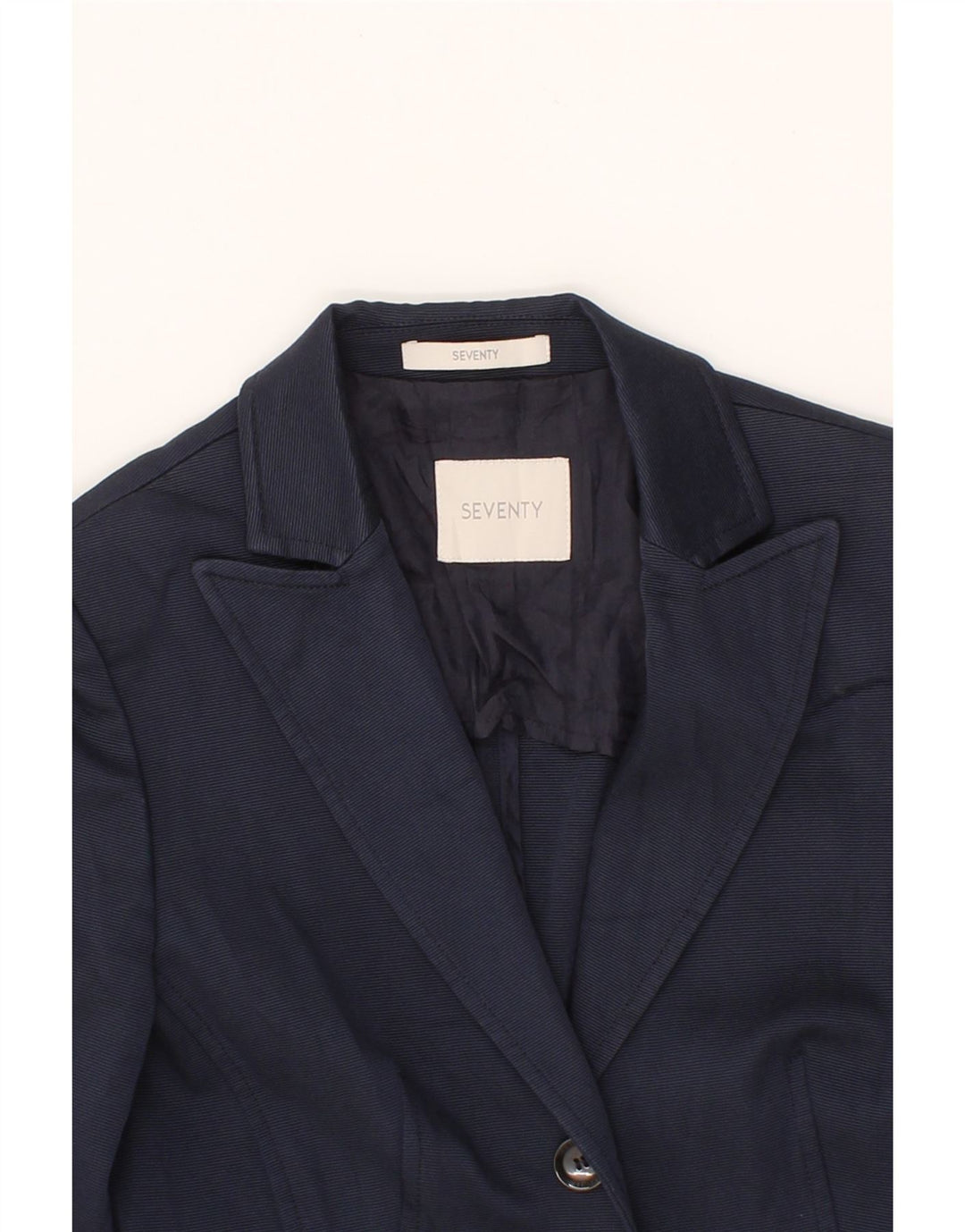 SEVENTY Womens 2 Button Blazer Jacket UK 8 Small Navy Blue Pinstripe Vintage Seventy and Second-Hand Seventy from Messina Hembry 