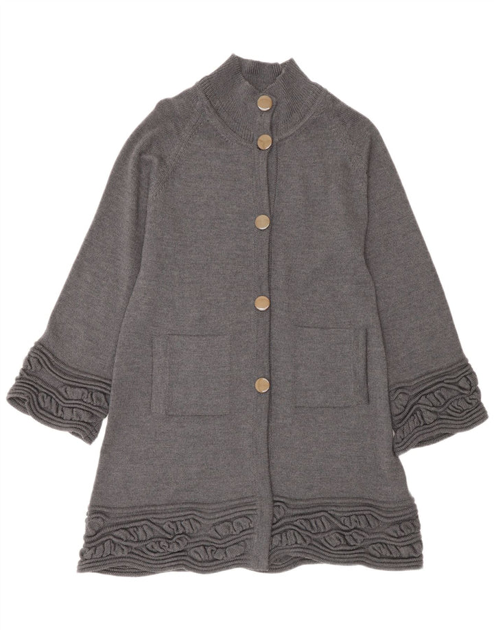 Womens Longline Cardigan Sweater UK 14 Medium Grey Virgin Wool