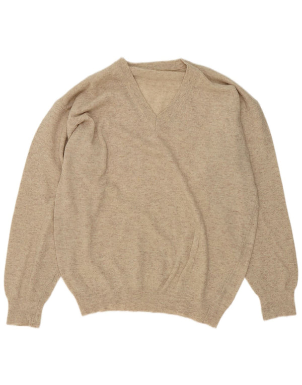 vintage Mens V-Col Jumper Pull Grande Laine Mouchetée Beige